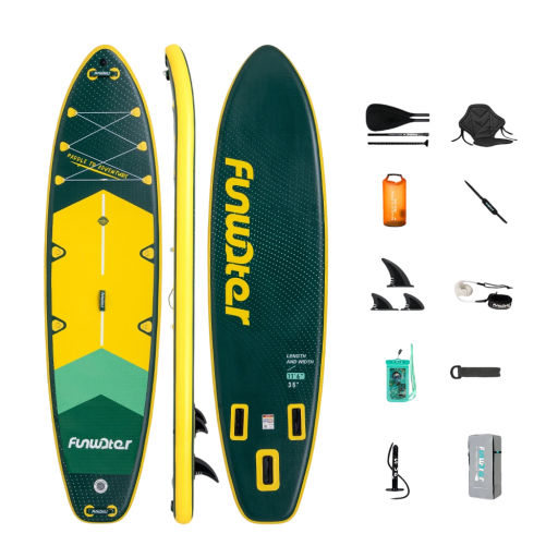 Nafukovací paddleboard SUP prkno s pádly sedačkou a příslušenstvím 350 x 90 x 15 cm nosnost 200 kg zeleno-žlutý na vodní sporty