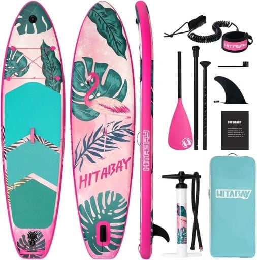 Nafukovací paddleboard surfovací prkno s motivem plameňáka a příslušenstvím 320 x 81 x 15 cm nosnost 150 kg růžový na vodní sporty