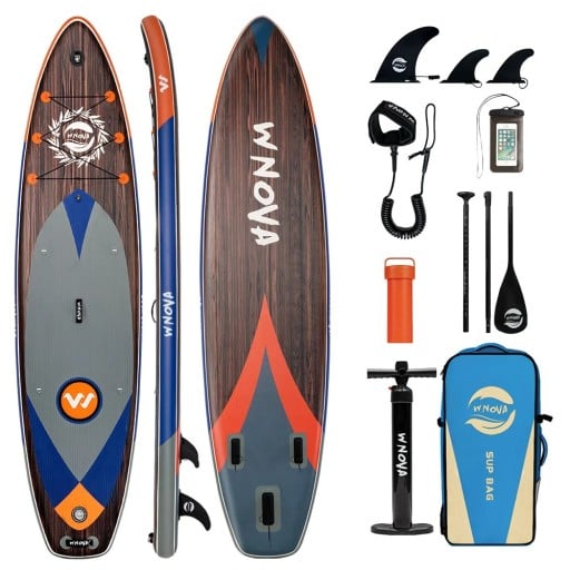 Nafukovací paddleboard surfovací prkno s pádlem držákem na kameru a příslušenstvím 350 x 86 x 15 cm hnědý na vodní sporty