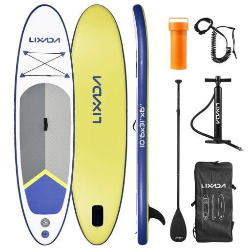 Nafukovací paddleboard surfovací prkno s pádlem pumpičkou a příslušenstvím 320 x 81 x 15 cm protiskluzový žlutý pro dospělé na vodní sporty