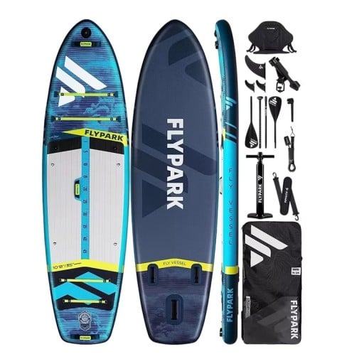 Nafukovací paddleboard surfovací prkno s pádlem sedačkou a příslušenstvím 325 x 89 x 15 cm nosnost 150 kg modrý na vodní sporty