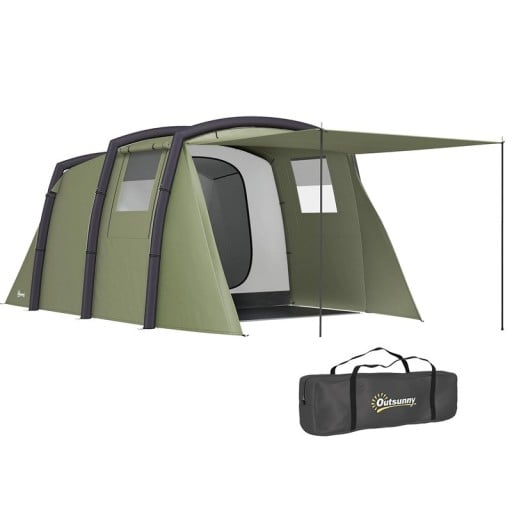 Nafukovací rodinný tunelový stan pro 3-6 osob 440 x 280 x 195 cm polyesterová tkanina 210T a PE zelený na kempování s pumpou