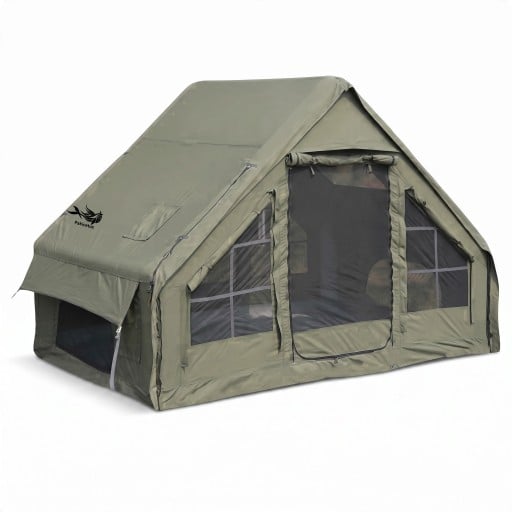 Nafukovací stan ve tvaru domku s velkým vstupem a okny se síťkou 300 x 210 x 200 cm S pumpou a taškou Zelený Na kempování a chatu