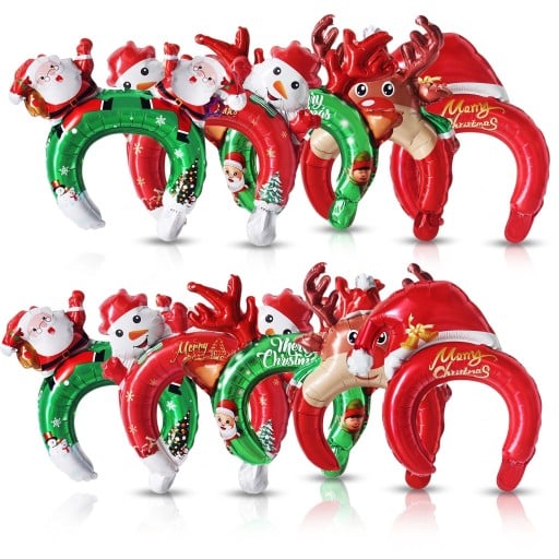 Nafukovací vánoční čelenky 10 ks Balónkové čelenky Santa sněhulák sob a čepice Merry Christmas Červené a zelené Na vánoční besídku