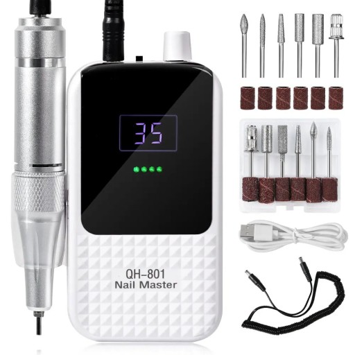 Nagelvijl 45000 toeren/min draagbaar en oplaadbaar 13,3 x 6,6 cm kunststof wit met display USB-opladen en set accessoires voor manicure