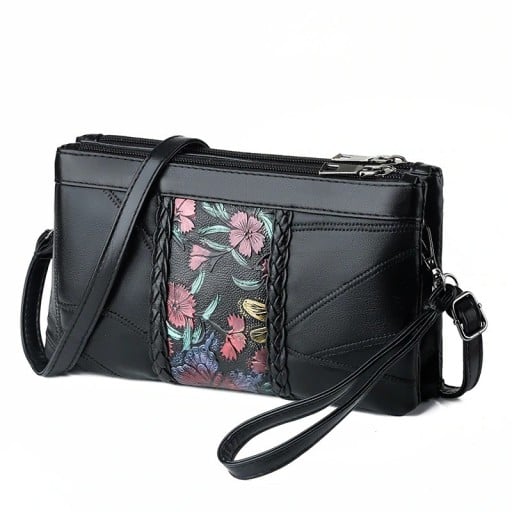Naisten litteä crossbody-laukku rannekahvalla Kaksiosainen vetoketjulla Punottu koristelu Säädettävä hihna Musta 23 x 14 x 5 cm
