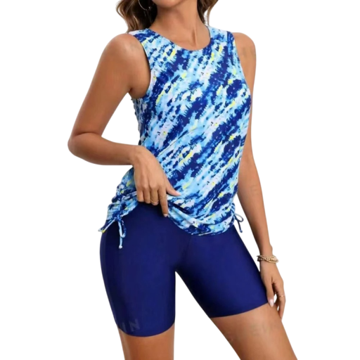 Naisten tankini-uimapuvut shortseilla ja kiristettävillä sivuilla polyesteri elastaani kaksiosaiset uimapuvut uimaan ja rannalle