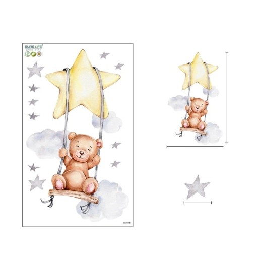 Naklejka na ścianę 50 x 30 cm Medwiedź na huśtawce Przezroczysty matowy winyl Urocza dekoracja do pokoju dziecięcego Delikatna ozdoba ścienna