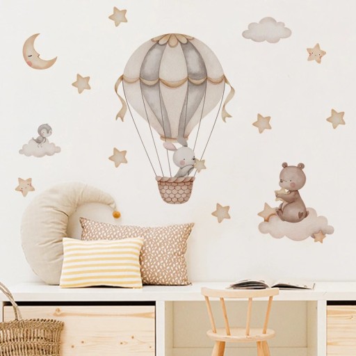 Naklejka na ścianę do pokoju dziecięcego 73,3 x 41,3 cm Niedźwiedź i królik w balonie dekoracja ścienna z przezroczystego winylu łatwa aplikacja