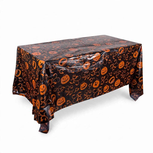 Nappe d'Halloween avec motif de citrouilles Rectangulaire 130 x 220 cm Surface brillante Noire avec citrouilles orange Décoration pour fête