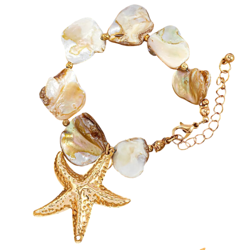 Náramek s perleťovými články a přívěskem hvězdice, dekor v odstínu zlaté barvy, výrazný dámský náramek