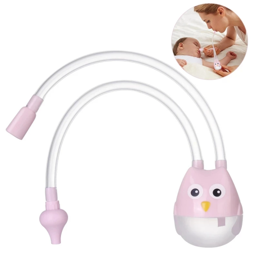 Näsaspirator för nyfödda tillverkad av PP och silikon 21x3,2 cm med en behållare med uggletema för barn, hygienisk slemsugning