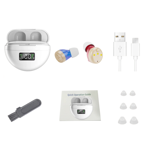 Naslouchátka do uší nabíjecí s pouzdrem a LED displejem výdrž 25 hodin USB-C zesílení zvuku 28 dB červeno-modrá pro seniory a nedoslýchavé