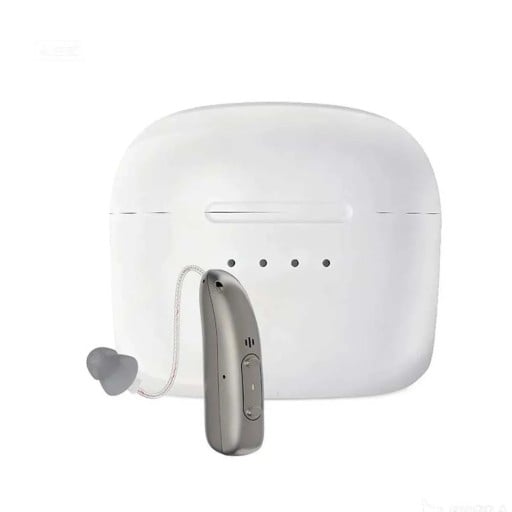 Naslouchátko Bluetooth za ucho do levého ucha s nabíjecím pouzdrem 33 x 7 mm stříbrné na poslech hudby i hovory pro seniory a nedoslýchavé