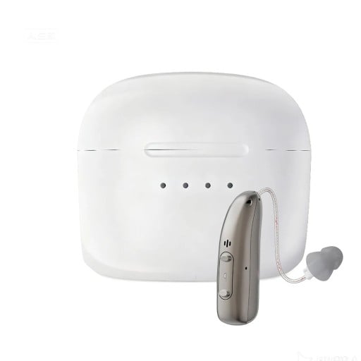 Naslouchátko Bluetooth za ucho do pravého ucha s nabíjecím pouzdrem 33 x 7 mm stříbrné na poslech hudby i hovory pro seniory a nedoslýchavé