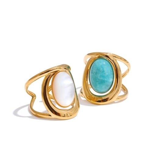 Nastavitelný prsten s oválným kamenem cca 21,5 mm, jemně tvarovaná dvojitá obroučka, výrazný moderní šperk s dominantním dekorem