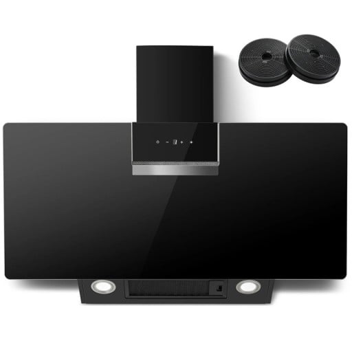 Nástěnná digestoř 800 m³/h 90 x 38,7 x 79 cm nerezový kryt s černým sklem LED osvětlení dotykové ovládání odsavač par do kuchyně