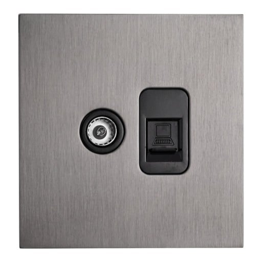 Nástěnná TV a počítačová zásuvka RJ45 pod omítku, provedení EU, 86 x 90 mm, kovová z nerezové oceli, šedá, pro internet, LAN a televizi