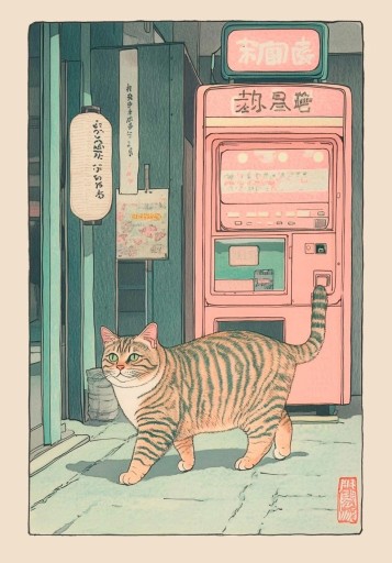 Nástenný dekoratívny plagát 50 x 70 cm Mačka pri predajnom automate Tlač na mäkké plátno Bez rámu Moderný obraz japonská estetika