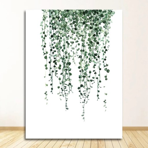 Nástěnný obraz bez rámu s motivem převislé zelené rostliny 50x75 cm plátno akvarelový styl zelená dekorace na zeď do ložnice