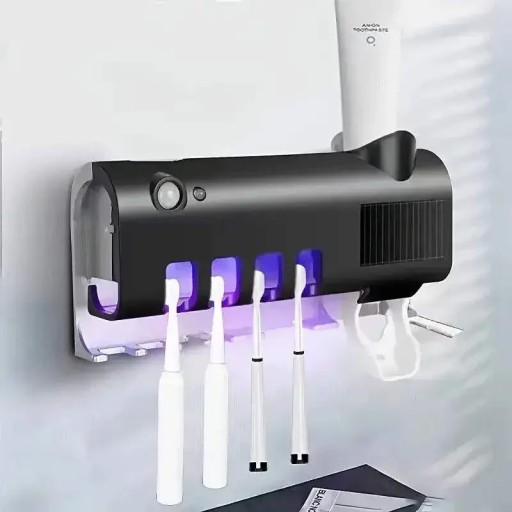 Nástenný UV sterilizátor zubných kefiek so solárnym napájaním Držiak na pastu Bezvrtáková montáž Kúpeľňový organizér