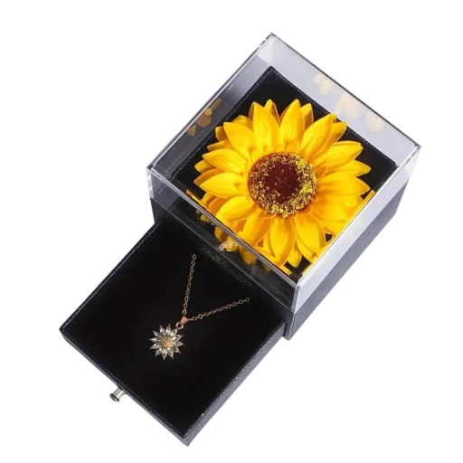 Naszyjnik z zawieszką w kształcie słonecznika 45 cm Stal szlachetna Zestaw prezentowy z sztucznym kwiatem 9 x 9 x 10 cm Elegancki prezent dla kobiet
