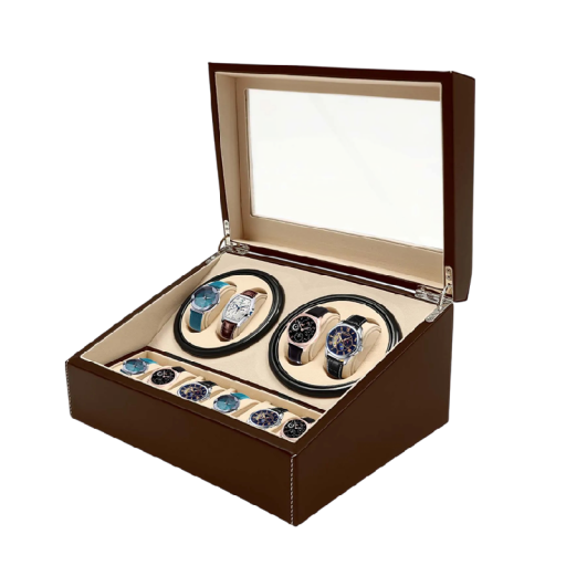 Natahovač hodinek pro 4+6 automatických hodinek úložný box 30x24x12,5x18,5 cm PU kůže adaptér pro sběratele hodinek