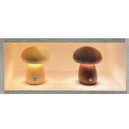 Nattlampa i trä med svampmotiv, 11 x 8,5 cm, dimbar och uppladdningsbar LED-lampa, 3 färger, sängbordsdekoration