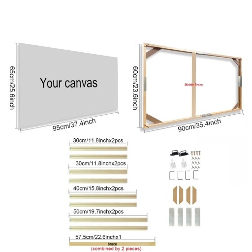 Natural Wooden Photo Frame 60 x 90 cm Frame for Canvas 65 x 95 cm With Central Reinforcement 57.5 cm Hanging Frame for Photos Art DIY