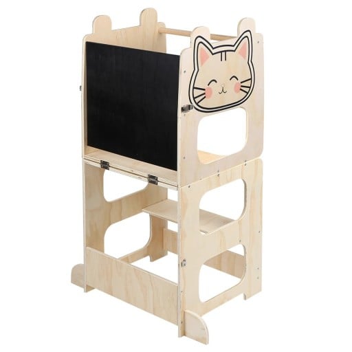 Naučná kuchyňská věž 3v1 s kočkou a tabulí 92 x 41 cm s madlem plnými boky a schůdky měnitelná na stolek se sedátkem v přírodním dřevě