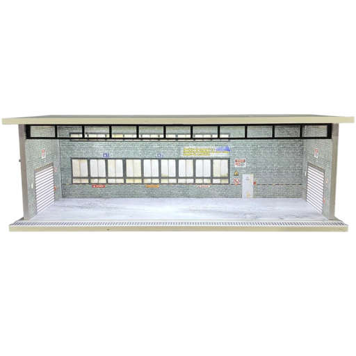 Näyttelydiorama autotallille 30 × 13,5 × 10 cm Mittakaava 1:64 Harmaa huoltorakennus tiiliseinällä ja autotallin ovilla