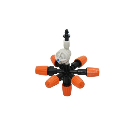 Nebeldüse 7in1 mit verstellbaren Köpfen 11,1 cm ABS Kunststoff schwarz mit 1/4 Zoll Stachelanschluss 6mm für Gewächshaus und Garten