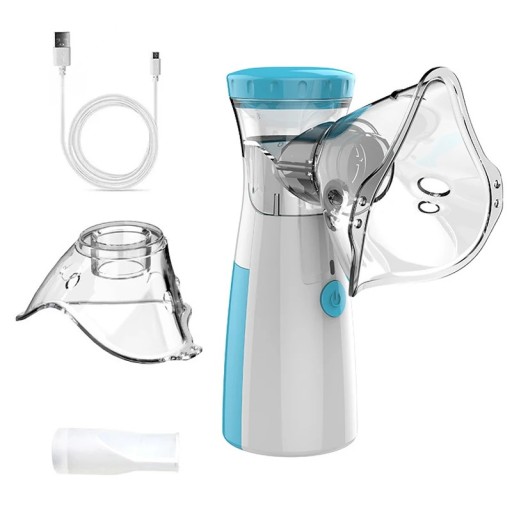 Nebulizador ultrassónico portátil inalador manual branco e azul com cabo USB para crianças e adultos para inalação