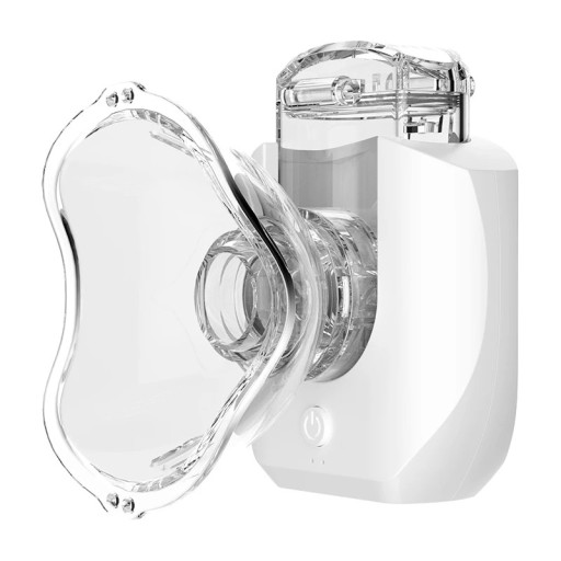 Nebulizator inhalator reincarcabil cu masca si duza pentru copii si adulti recipient 10 ml 7 x 5 cm particule 5 µm alb pentru acasa si in calatorii
