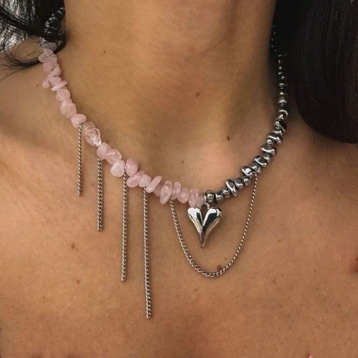 Necklace of Two Types of Beads with a Glossy Surface and Irregular Shape, Complemented by a Heart Pendant, a Striking Decorative Piece