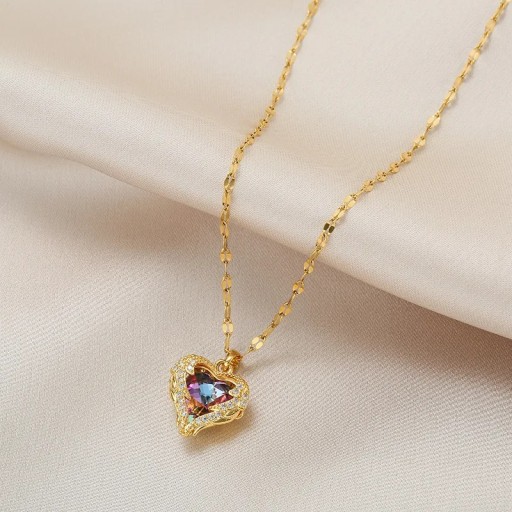 Necklace with a Heart-Shaped Pendant with Coloured Glass Elements, Decorative Outline, Fine Chain, Pendant Approx. 1.5 × 1.6 cm