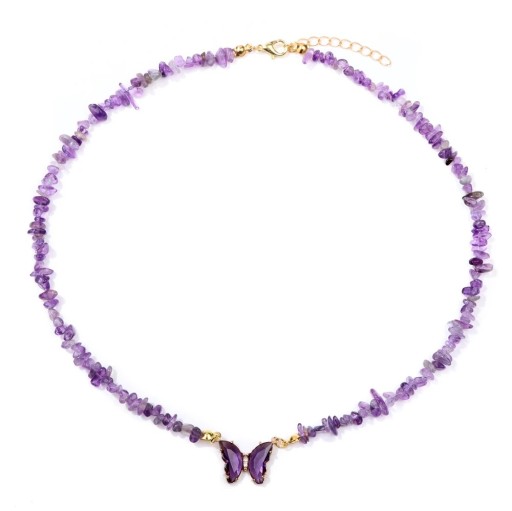 Necklace with Butterfly and Amethyst Pendant 22 x 17 mm Purple Stones Chain in Gold Colour Zinc Alloy For Parties Weddings or as a Gift