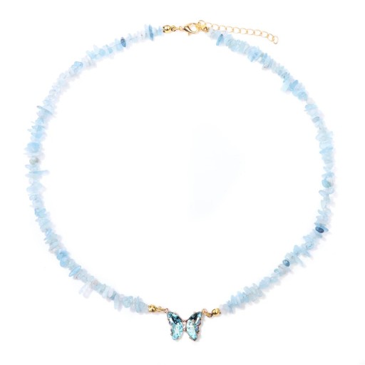 Necklace with Butterfly and Aquamarine Pendant 22 x 17 mm Light Blue Stones Chain in Gold Colour Zinc Alloy For Parties and as a Gift
