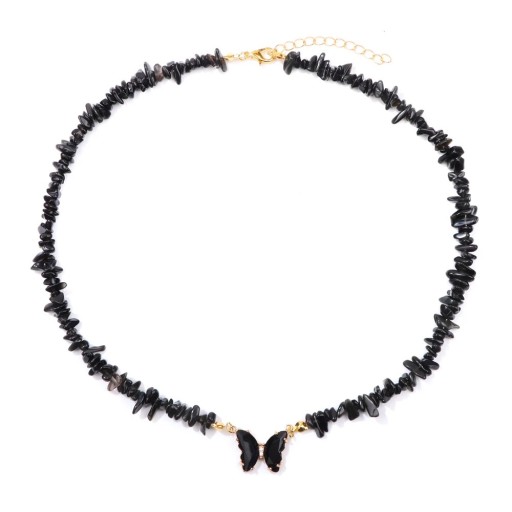 Necklace with Butterfly and Obsidian Pendant 22 x 17 mm Black Stones Chain in Gold Colour Zinc Alloy For Parties Weddings or as a Gift