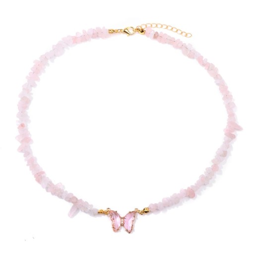 Necklace with Butterfly and Rose Quartz Pendant 22 x 17 mm Pink Stones Chain in Gold Colour Zinc Alloy For Parties Weddings or as a Gift