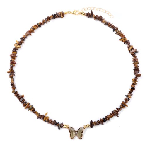 Necklace with Butterfly and Tiger's Eye Pendant 22 x 17 mm Brown Stones Chain in Gold Colour Zinc Alloy For Parties Weddings or as a Gift