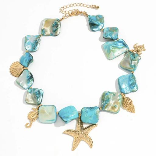 Necklace with Large Shiny Links and Marine Motifs, Shells, Starfish and Seahorses, Women's Statement Necklace