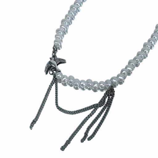 Necklace with Pearls in Mother-of-Pearl Shades and Natural Look, Layered Chains and Bird Pendant, Delicate Elegant Jewellery