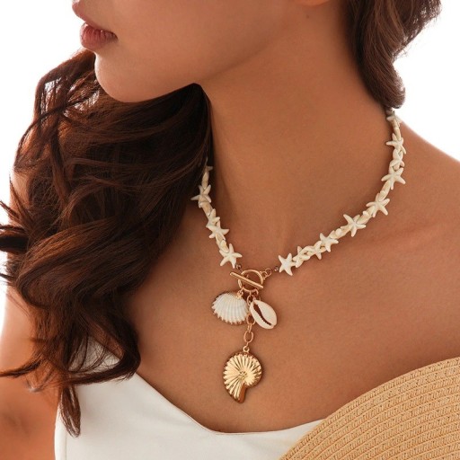 Necklace with Starfish and Marine Pendants, Shell and Snail, Decor in Gold Shade, Statement Women's Jewellery