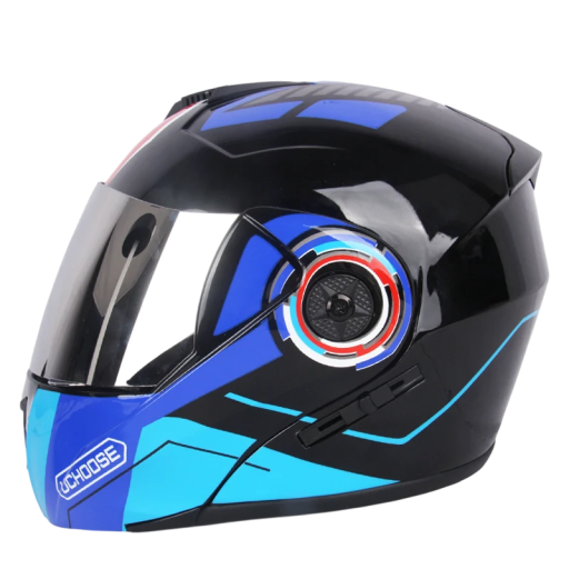 Niebieski kask motocyklowy typu flip-up z podwójnym wizjerem. Osłona przeciwsłoneczna. Srebrny zewnętrzny kask z pleksiglasu ABS. Kask typu flip-up dla motocyklistów.