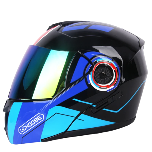 Niebieski kask motocyklowy z odchylanym daszkiem i blendą przeciwsłoneczną Kask ochronny z podwójnym daszkiem wykonany z tworzywa ABS do jazdy motocyklem