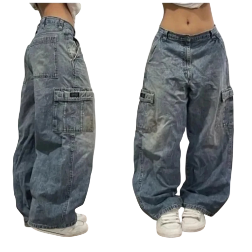 Niebieskie, luźne jeansy damskie z efektem sprania Spodnie casualowe z długimi i szerokimi nogawkami Kieszenie boczne Stylowy denim