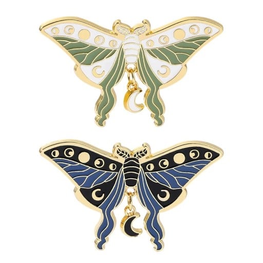 Night Butterfly Brooch with Moon Pendant 31 × 50 mm Enamelled Pin Insect Badge Lapel Pin Accessory for Backpack Clothing Lapel