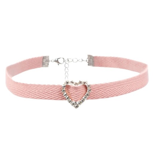 Női choker nyaklánc szív alakú medállal, pamut záródással, rózsaszín, finom kiegészítő a nyakra mindennapi viselethez