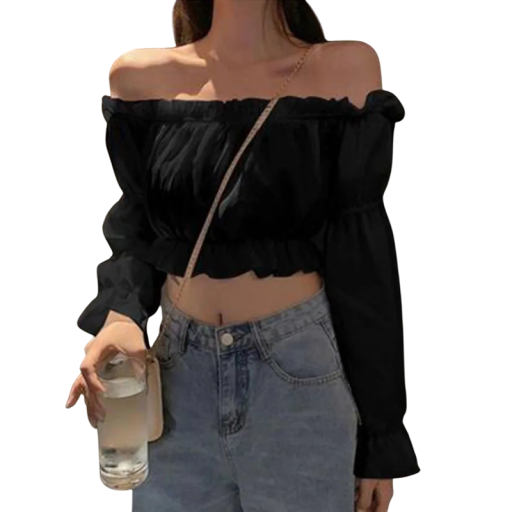 Női crop top fodros és szabadon hagyott vállakkal Elegáns hosszú ujjú blúz Rugalmas derék Stílusos nyári felső szabadidőre és bulikra